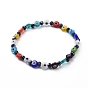 Handmade Evil Eye Lampwork Flat Round Beads Stretch Bracelets, with Faceted Rondelle Glass Beads