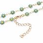 Golden Brass Flower Enamel Links Chain Necklaces, with Brass Curb Chains & Lobster Claw Clasps