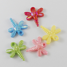 Opaque Acrylic Pendants, AB Color, Mixed Color, Dragonfly, 22x20x4mm, Hole: 2mm