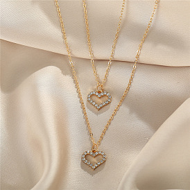Stylish Double-layered Heart Necklace with Water Diamonds in Gold for Women