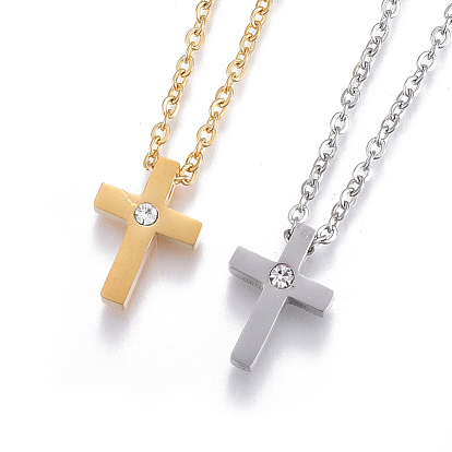 304 Stainless Steel Pendant Necklaces, with Rhinestone and Cable Chains, Cross