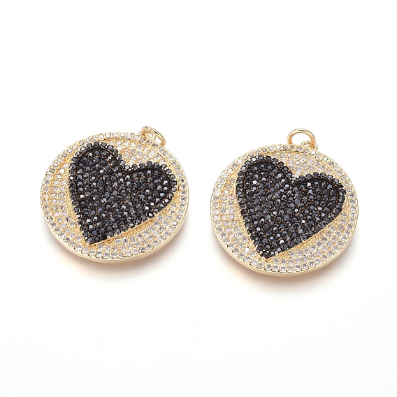 Brass Micro Pave Cubic Zirconia Pendants, with Jump Rings, Flat Round with Heart, Black & Clear