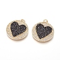 Brass Micro Pave Cubic Zirconia Pendants, with Jump Rings, Flat Round with Heart, Black & Clear