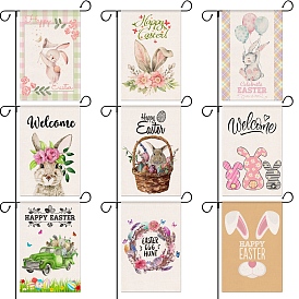 Linen Garden Flags, Easter Flag, for Home Garden Yard Decorations, Rectangle with Rabbit/Flower/Car/Balloon/Word Happy Easter Pattern