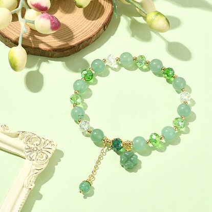 Bracelet extensible en aventurine verte naturelle et perles de verre, bracelet à breloques trèfle et pompon en laiton pour femme