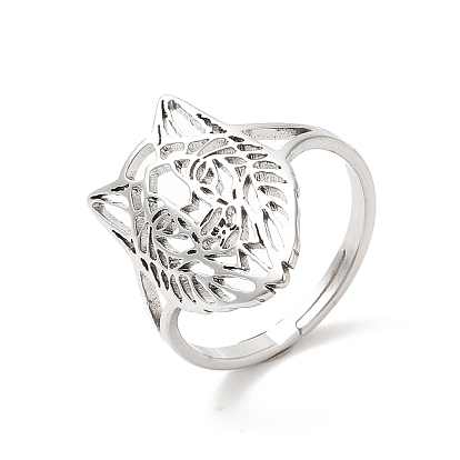 Revestimiento iónico (ip) 304 anillos para los dedos de acero inoxidable, Anillo ajustable con cabeza de lobo hueca para mujer.