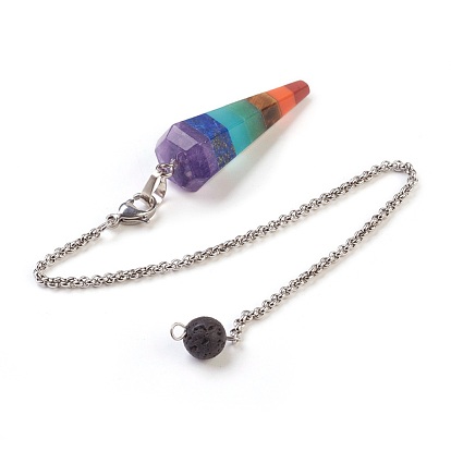 Natural/Synthetic Mixed Stone Chakra Hexagonal Pointed Dowsing Pendulums, with 304 Stainless Steel Findings, Cone/Spike