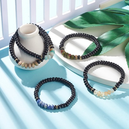 Natural Coconut Shell & Gemstone Beaded Stretch Bracelet, Yoga Bracelet for Women