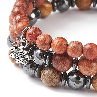 3Pcs 3 Style Natural Picture Jasper & Wood & Synthetic Hematite Stretch Bracelets Set with Alloy Lotus Charm, Gemstone Jewelry for Women