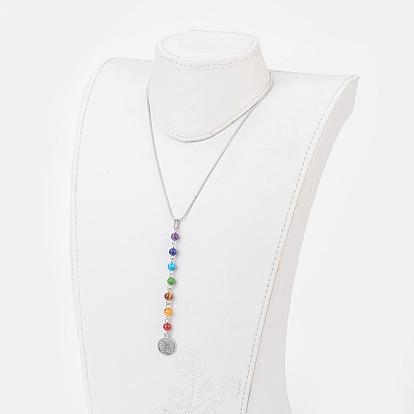 Chakra Jewelry, Mixed Stone and Alloy Pendant Necklaces, with 316 Surgical Stainless Steel Herringbone Chains
