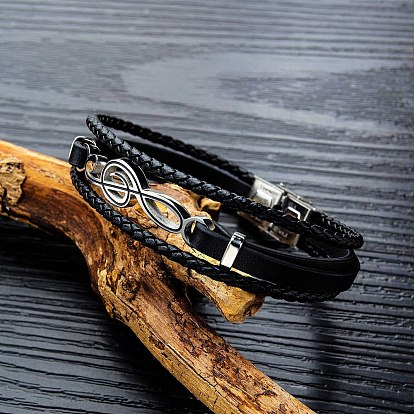 Bracelet multi-brins triple couche avec cordons tressés en cuir, bracelet à maillons en acier inoxydable avec note de musique pour homme