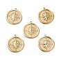 Vacuum Plating 201 Stainless Steel Pendants, Flat Round with Compass Charm