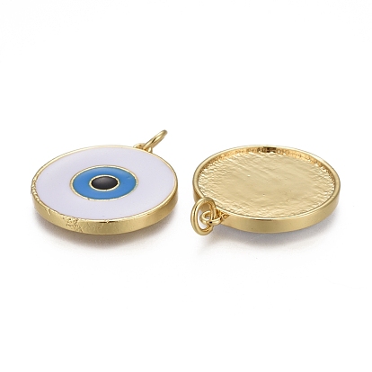 Brass Enamel Pendants, with Jump Rings, Long-Lasting Plated, Flat Round with Evil Eye