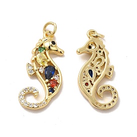 Rack Plating Eco-Friendly Brass Micro Pave Cubic Zirconia Pendants, with Jump Ring, Long-Lasting Plated, Lead Free & Cadmium Free, Sea Horse Charm