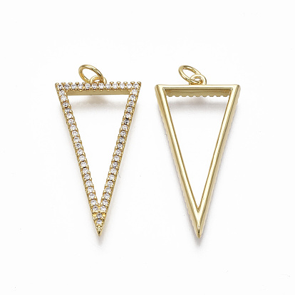 Brass Micro Pave Clear Cubic Zirconia Pendants, with Jump Ring, Nickel Free, Real 18K Gold Plated, Triangle
