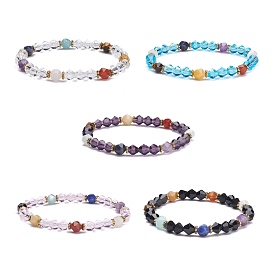 Chakra Theme Natural Mixed Stone Round Beads Stretch Bracelet, Transparent Glass Beads Bracelet
