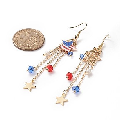Independence Day Alloy Enamel Star Tassel Dangle Earrings, Natural  Shell Pearl Beaded Long Chains Drop Earrings, Golden Brass Jewelry for Women