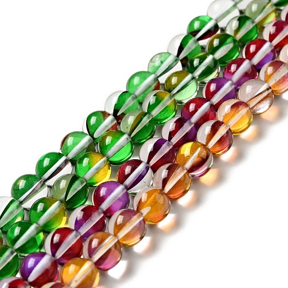Brins de perles de pierre de lune synthétiques électrolytiques, teint, perles holographiques, demi couleur ab plaqué, ronde