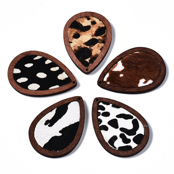 Eco-Friendly Cowhide Leather Pendants, with Dyed Wood, Teardrop with Leopard Print