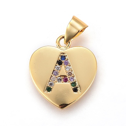 Brass Micro Pave Cubic Zirconia Pendants, Heart with Letter