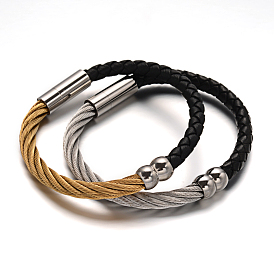 Bracelets de corde tressée en cuir, avec 304 accessoires en acier inoxydable, 52x60mm