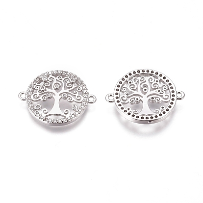Brass Micro Pave Cubic Zirconia Links Connectors, Flat Round with Tree of Life