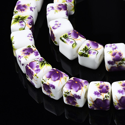 Handmade Porcelain Ceramic Beads Strands, Flower Printed, Cube