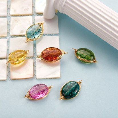 6Pcs 6 Colors K9 Glass Imitation Crystal Links Connectors, Wire Wrapped Links, with Brass Wires, Oval, Light Gold