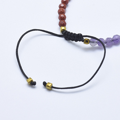 Mixed Stone Braided Bead Bracelets, with Non-Magnetic Synthetic Hematite and Nylon Cord, Faceted