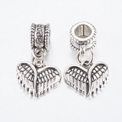 Tibetan Style Alloy European Dangle Charms, Large Hole Pendants, Wing & Heart