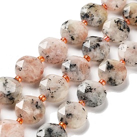 Natural Sunstone Beads Strands, with Seed Beads, Faceted Hexagonal Cut, Flat Round