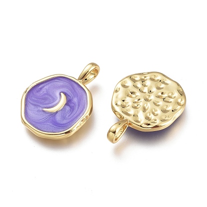 Brass Enamel Pendants, Flat Round with Moon & Star & Heart & Lightning Pattern, Golden