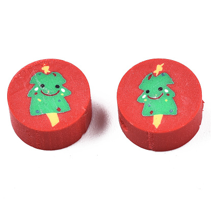 Handmade Polymer Clay Beads, Christmas Style, Flat Round with Christmas Tree