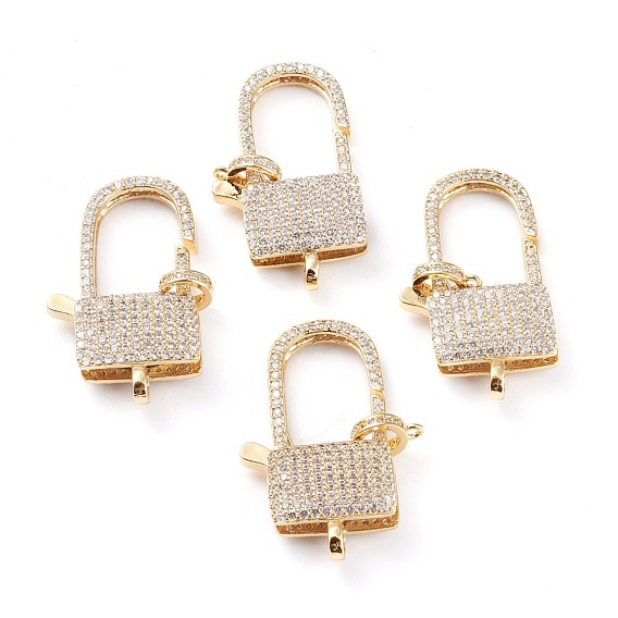 Brass Micro Pave Clear Cubic Zirconia Lobster Claw Clasp, Long-Lasting Plated, Lock