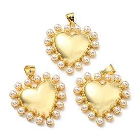 Brass Pendants, with Plastic Imitation Pearls, Long-Lasting Plated, Lead Free & Cadmium Free, Heart Charm