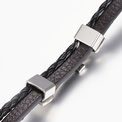 Cuir bracelets de corde tressée, avec 304 accessoire en acier inoxydable, rectangle avec la croix