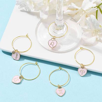 12Pcs Heart with Constellation Alloy Enamel Wine Glass Charms Sets, with Brass Hoop Earrings Findings, Golden