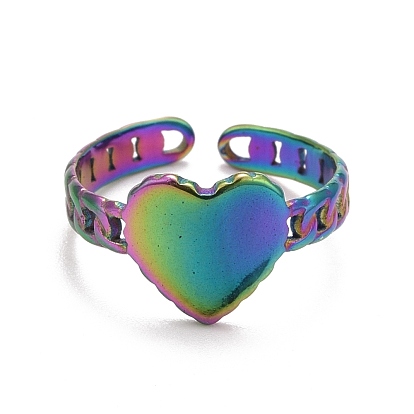 Rainbow Color Ion Plating(IP) 304 Stainless Steel Heart Open Cuff Ring for Women