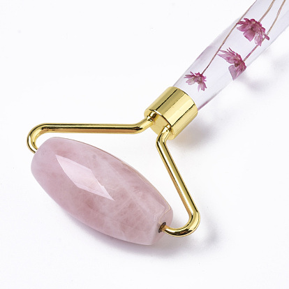 Натуральный розовый кварцевый массаж, лицевые ролики, со стеклом k9, ручкой из сухоцвета и фурнитурой из цинкового сплава