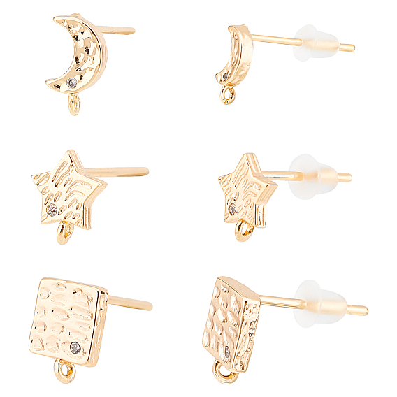 BENECREAT 18Pcs 3 Style Brass Cubic Zirconia Stud Earring Findings with Loop, with 40Pcs Plastic Ear Nuts, Moon & Star & Square