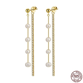 Cubic Zirconia & Pearl Beaded Front Back Stud Earrings, 925 Sterling Silver Chain Tassel Earrings, with S925 Stamp