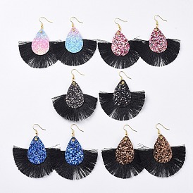 Boucles d'oreilles en nylon à pompons, avec des boucles d'oreilles en cuir PU et des crochets en laiton, fan