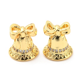Christmas Theme Rack Plating Brass Micro Pave Cubic Zirconia Beads, Lead Free & Cadmium Free, Bell