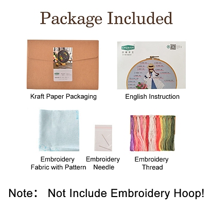 Kits de inicio de bordado con estampado de niña/flor, incluyendo tela e hilo de bordado, aguja, hoja de instrucciones
