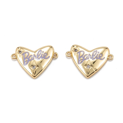 Brass Micro Pave Clear Cubic Zirconia Links Connectors, with Enamel, Heart with Word, Lilac