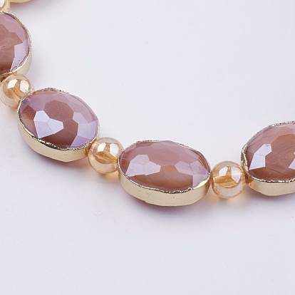 Opaque Glass Beads Strands, with Golden Tone Brass Findings, Pearl Luster Plated, Faceted, Oval & Round