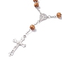 Religious Prayer Pine Wood Beaded Rosary Bracelet, Virgin Mary Crucifix Cross Long Charm Bracelet for Easter