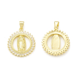 Rack Plating Brass Micro Pave Clear Cubic Zirconia Pendants, Cadmium Free & Lead Free, Long-Lasting Plated, Round Ring with Religion Virgin Mary Charm