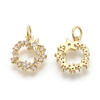 Brass Micro Pave Cubic Zirconia Charms, Lead Free & Cadmium Free & Nickel Free, Ring with Star, Hollow