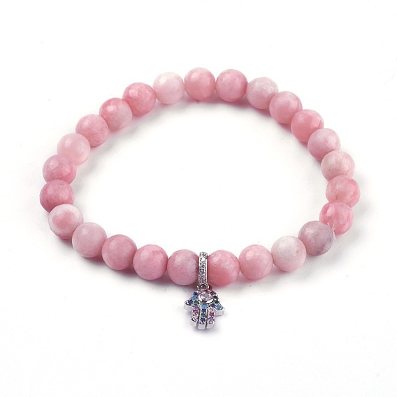 Bracelets breloque opale rose naturelle, avec des breloques en laiton zircone cubique, hamsa main / main de fatima / main de miriam
